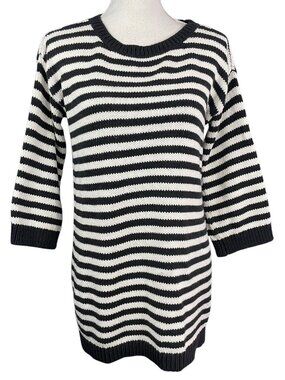 Lands End Striped Tunic Sweater S Black White Oversized Chunky Knit 3/4 Sleeve